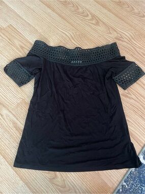 Black Off-Shoulder Crochet-Trim Tunic Top
